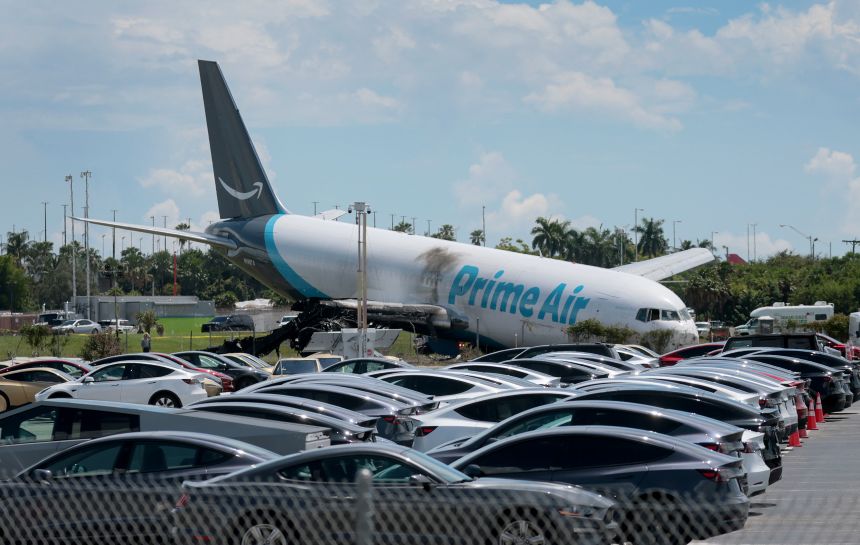 The site of an Amazon cargo plane crash at Miami International Airport on September 7, 2026.