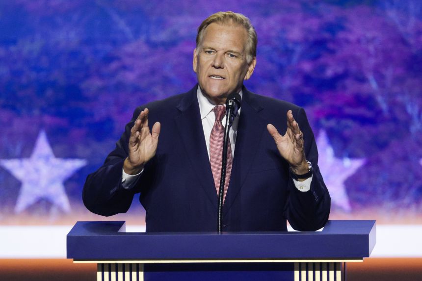 Former Rep. Mike Rogers speaks during the second day of the Republican midterm convention in Dallas on September 10, 2026.