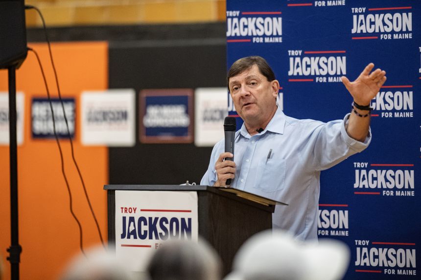Maine Democratic Senate candidate Troy Jackson speaks at a town hall in Biddeford on September 13, 2026.