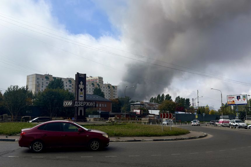 Smoke rises from the area of the Russian oil producer Gazprom Neft's Moscow oil refinery as seen from Dzerzhinsky in the Moscow region on September 20, 2026.