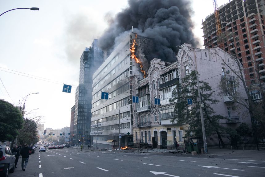A private medical clinic burns following a Russian drone strike in Kyiv, on September 28, 2026.