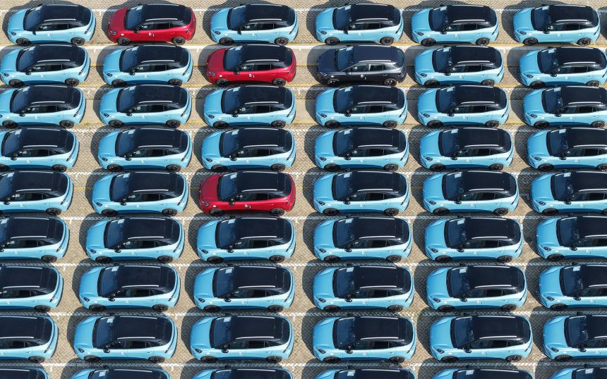 New electric cars waiting for shipment to overseas markets in a port in Yantai, Shandong province, China, on September 26.