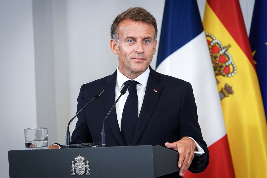 French President Emmanuel Macron talks at Moncloa Palace in Madrid, Spain, on Wednesday.