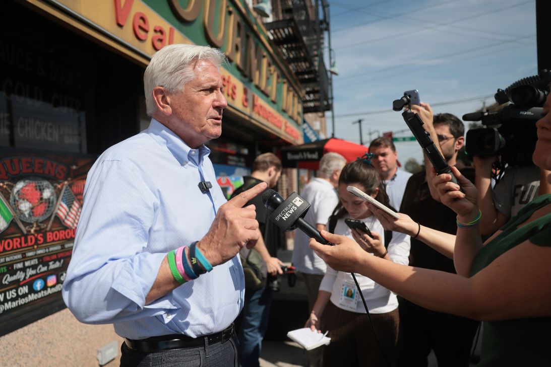 Republican gubernatorial nominee Bruce Blakeman visits a deli as he campaigns against New York Gov. Kathy Hochul on October 2, 2026, in New York.