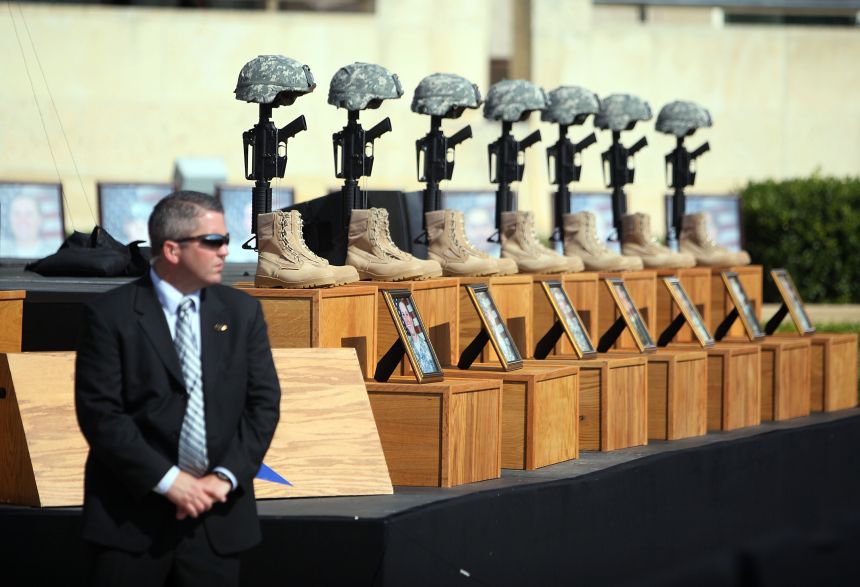 A fallen soldiers memorial is seen at a 2009 memorial service for the thirteen victims of the shooting at Fort Hood.