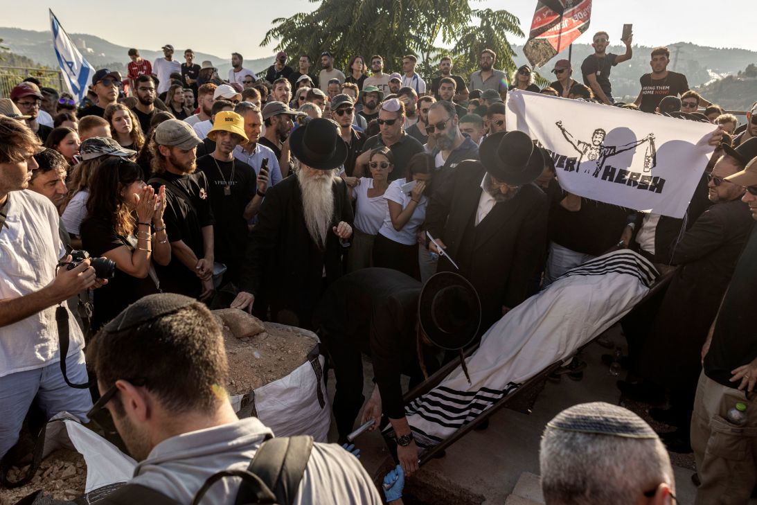 Mourners as Hersh Goldberg-Polin is buried during his funeral in Jerusalem on September 2, 2024.