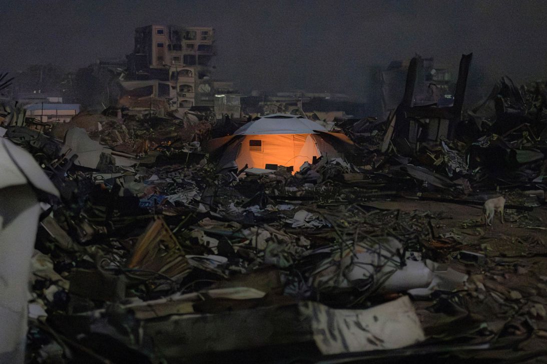 A tent is surrounded by rubble in Jabaliya, northern Gaza, on February 10, 2025.
