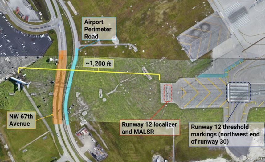 An aerial view annotated by the NTSB shows the path the Amazon Air Boeing 767 took after leaving the runway at Miami International Airport.