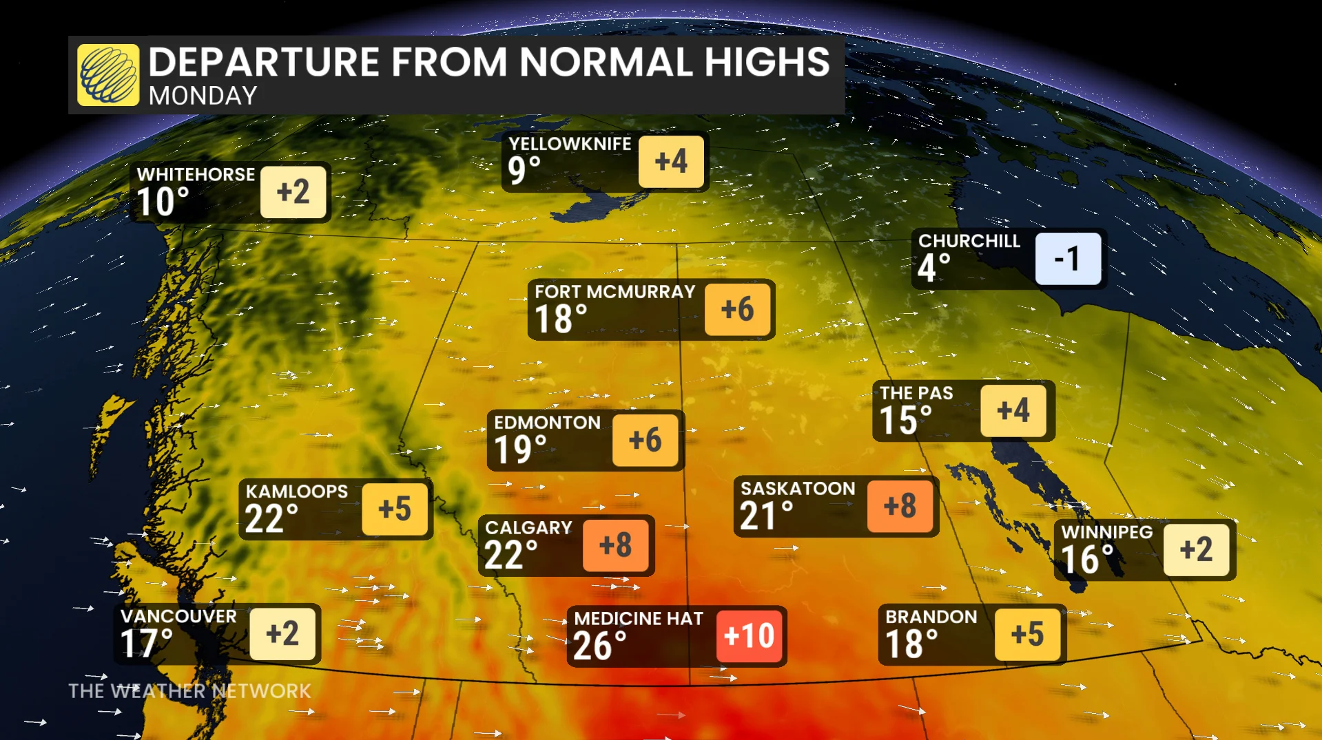 Western Canada temperatures-departures from normal Monday