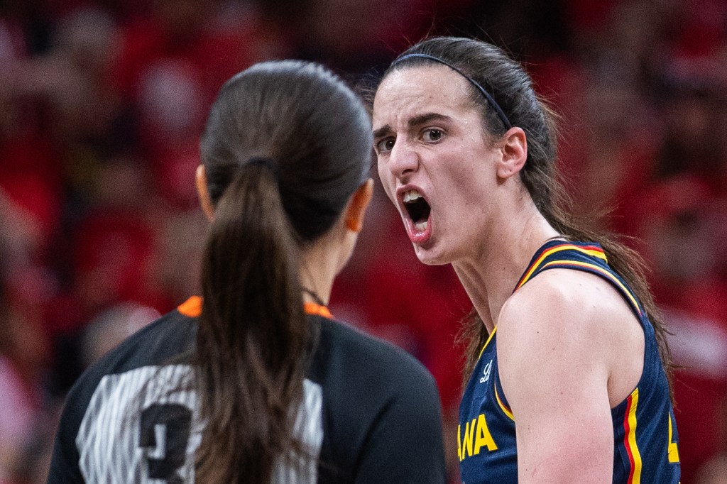 Indiana Fever guard Caitlin Clark argues a call.