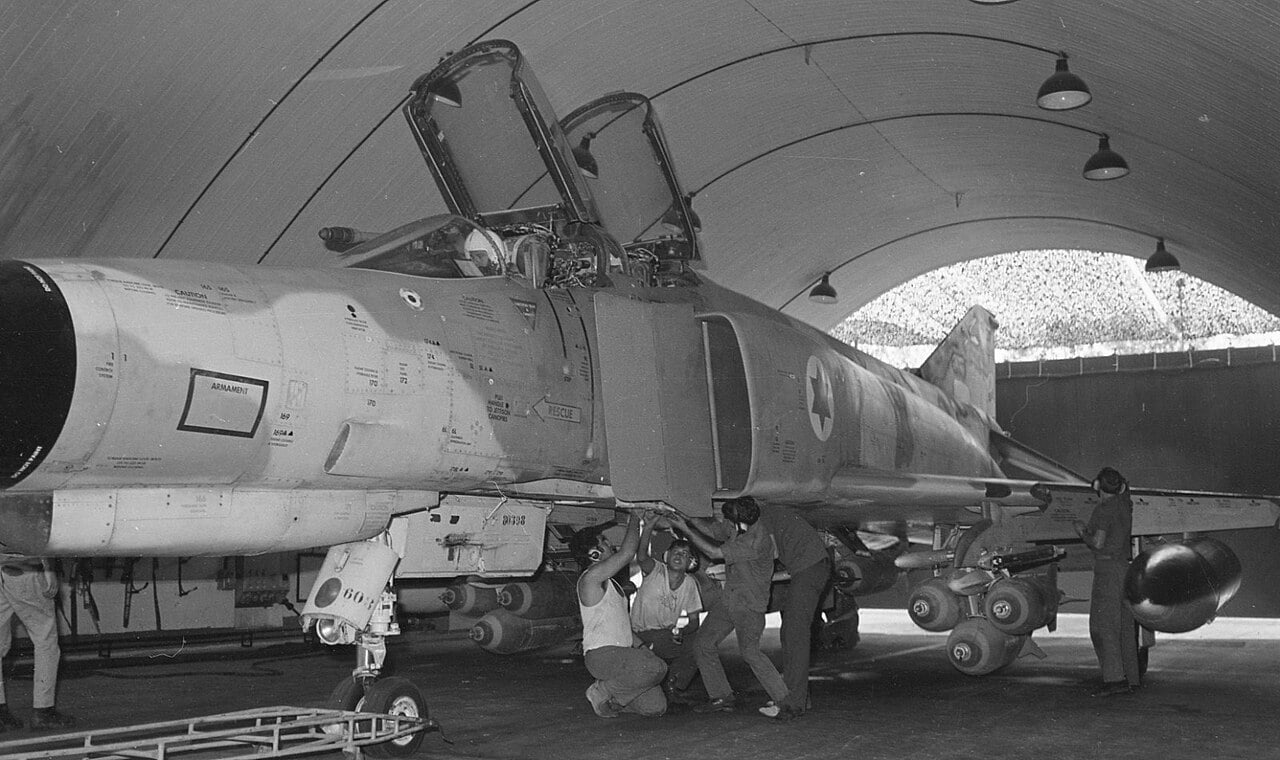 Israeli Air Force F-4 Phantom being armed in a hardened shelter, October 1973