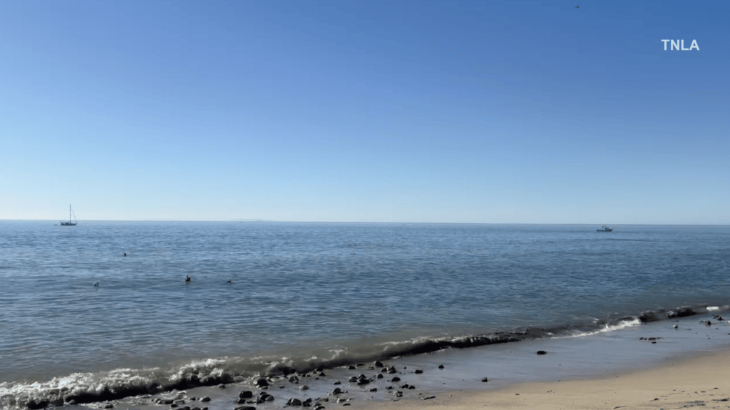 A wide shot of the ocean off Paradise Cove in Malibu where a kayaker was attacked by a shark.