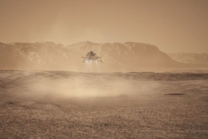 An illustration depicts Lockheed Martin's small lander touching down on Mars to collect the samples.