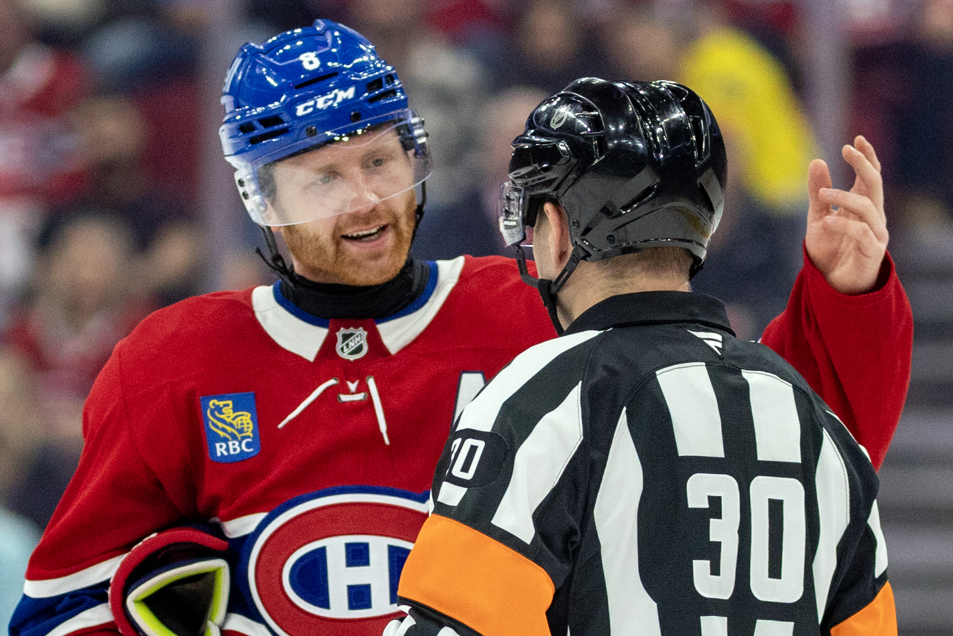 Canadiens assistant captain Mike Matheson has words with referee Kendrick Nicholson after the Nashville Predators' second goal during the second period in Montreal on Thursday.