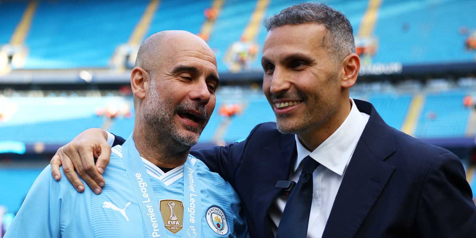 Manchester City manager Pep Guardiola celebrates with chairman Khaldoon Al Mubarak after winning the 2024 Premier League
