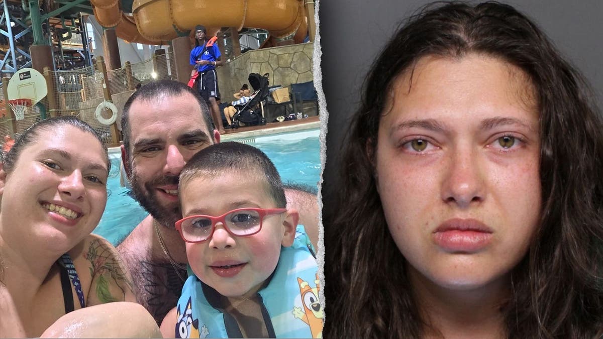 image shows family on left, and mugshot of woman on right