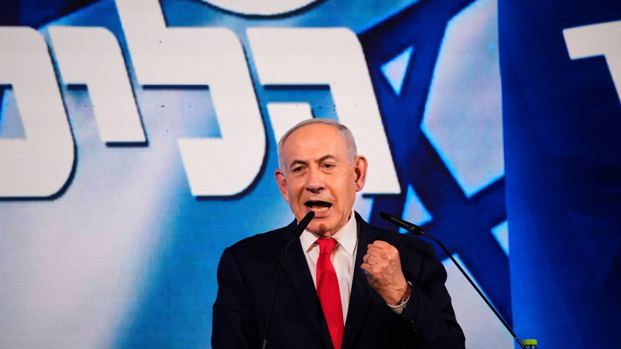 Israeli Prime Minister Benjamin Netanyahu speaks to his supporters at Likud party headquarters in Jerusalem after the release of the first exit poll results in Israel's general election, Wednesday, Oct. 28, 2026. (AP Photo/Ohad Zwigenberg)