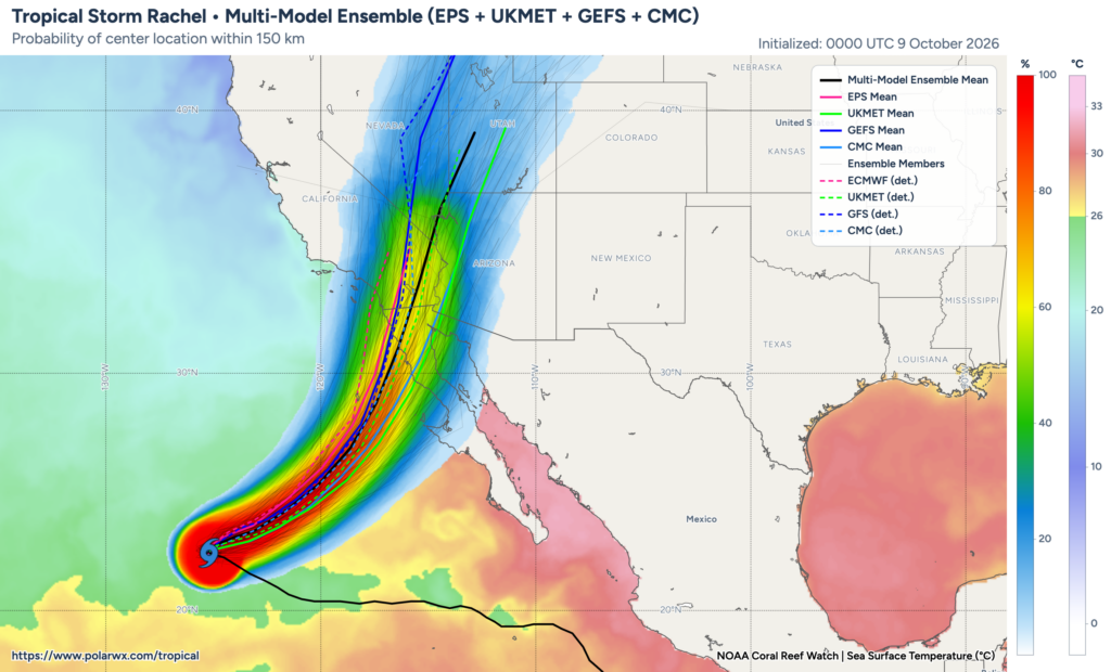 Map showing the full model ensemble range of potential tracks for TS Rachel. A landfall from somewhere between Ensenada, MX and Carlsbad, CA is possible, with SoCal impacts rising substantially for more northerly trajectories. (polarwx.com)