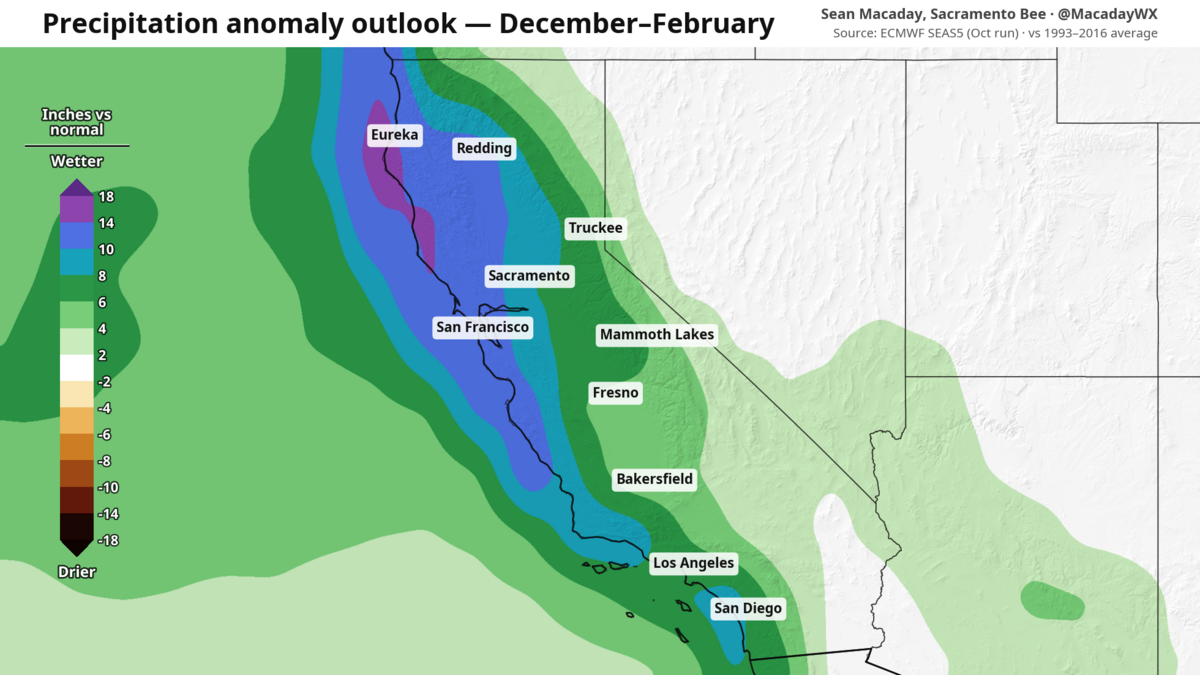 Forecast above average winter precipitation (SEAS5).