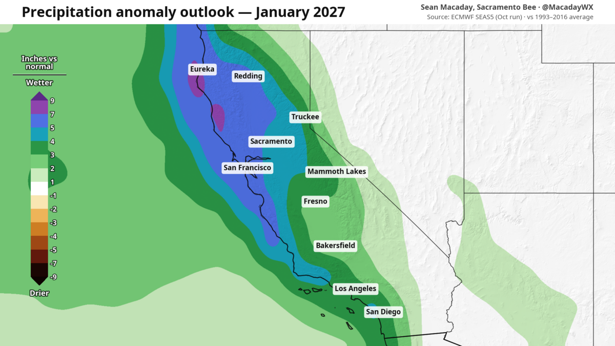 The European Seasonal Forecast System 5 (SEAS5) forecasts above average precipitation across California for the month of January.