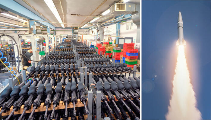 The LORA missile (right) and Israeli assault rifles. (Photos: IWI, IAI) מימין שיגור טיל לורה מספינה ו IWI רובי סער ערד של מפעלי נשק ישראל