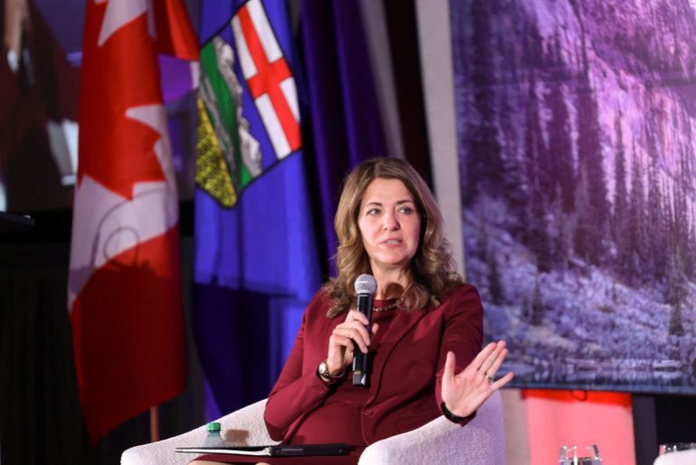 Alberta Premier Danielle Smith speaks at the Canada Strong and Free conference, days before a non-binding referendum on Alberta sovereignty, in Calgary, Alberta, Canada October 16, 2026. REUTERS/Ahmed Zakot