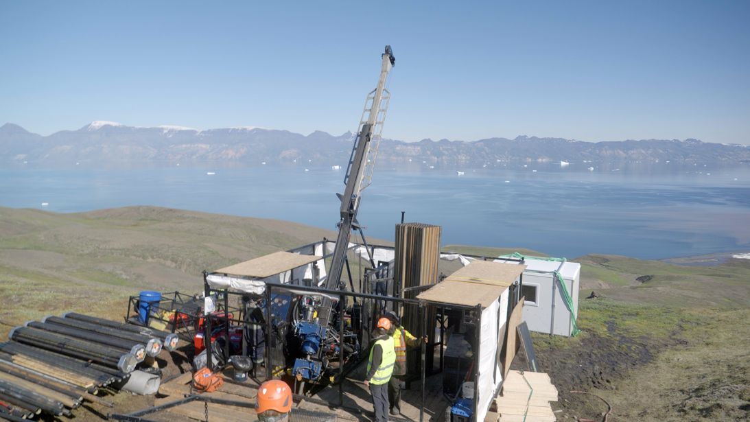 A core drilling rig on Disko Island with 80 Mile Group for nickel, copper, cobalt, and platinum on Disko Island, Greenland in July 2026.