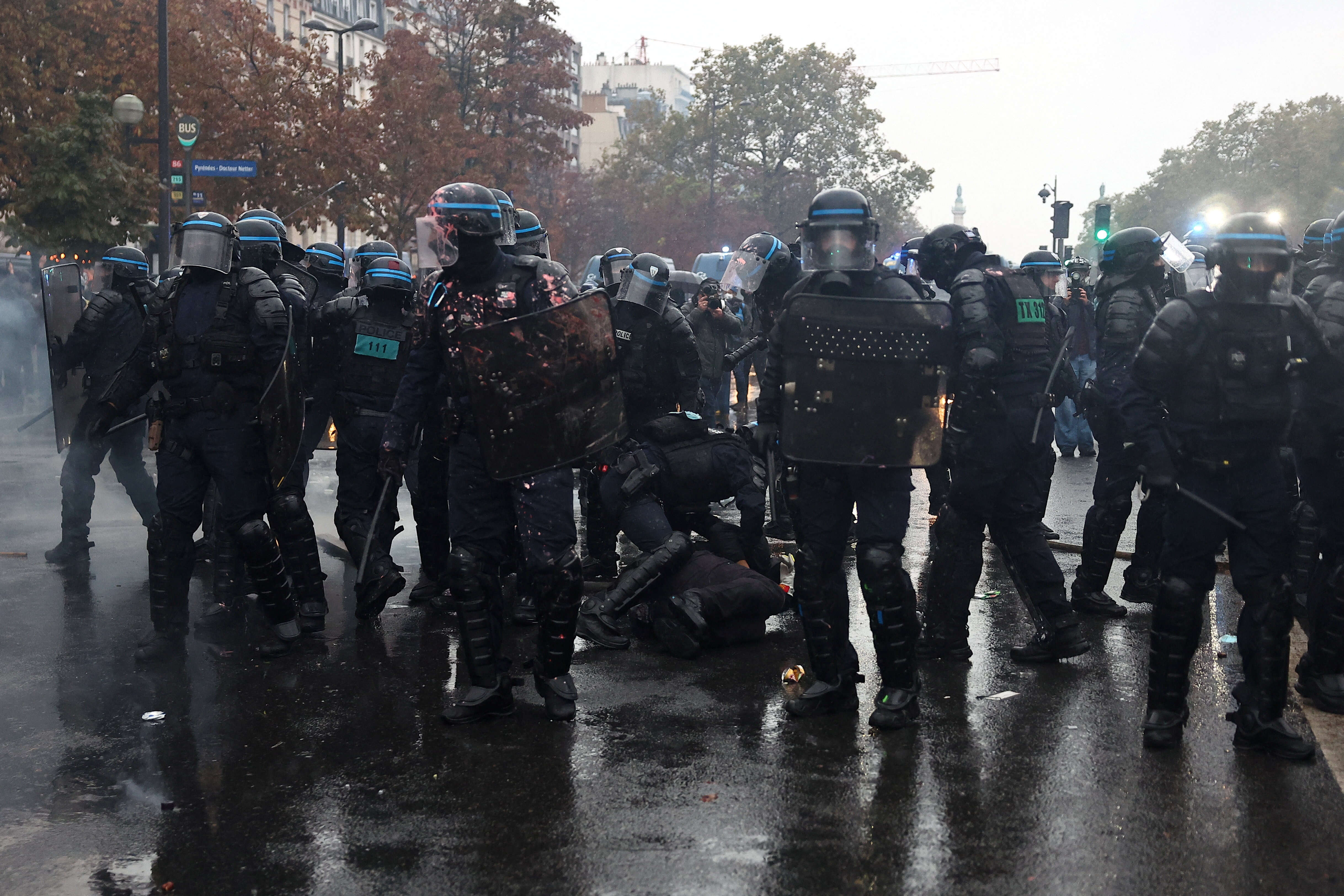 French riot police apprehend a protester amid clashes during demonstration organised by labour unions in Paris as part of nationwide protests called by the "Yellow Vests" movement. Second nationwide day of protests against the cost of living in France (1)