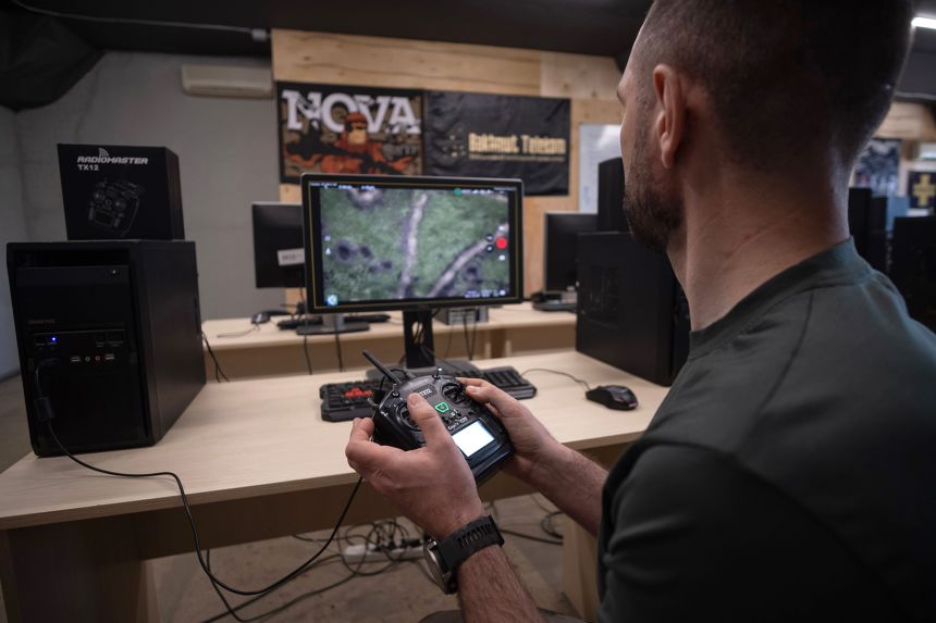 A drone operator is working at a training center of the Third Army Corps in the Kyiv region in May 2026.