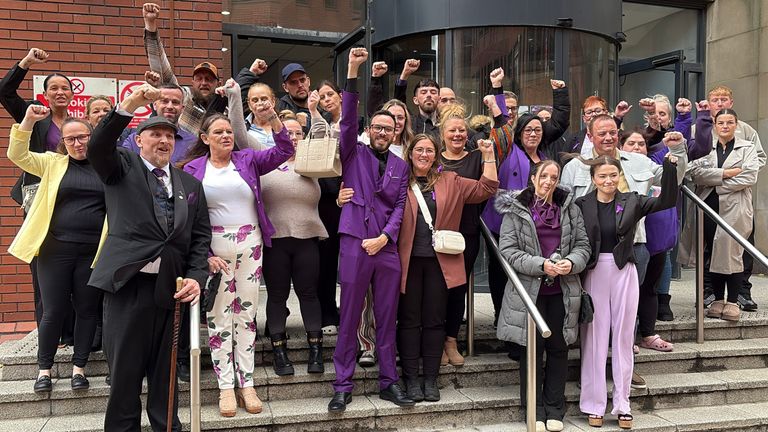 The family of Carolann Barraclough celebrated outside Leeds Crown Court after the verdict. Pic: PA