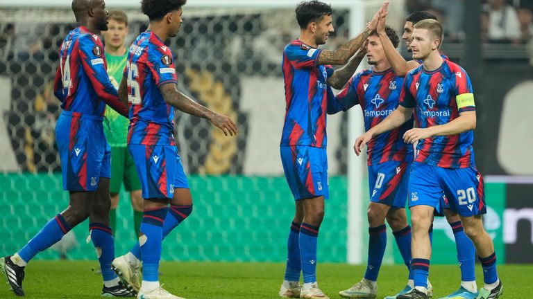 Crystal Palace's players celebrate their side first goal during the Europa League opening phase soccer match between Besiktas and Crystal Palace in Istanbul, Turkey, Thursday, Oct. 22, 2026. (AP Photo/Emrah Gurel)