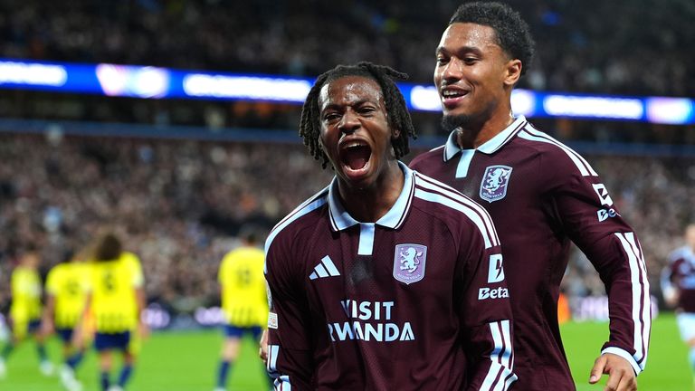 Johan Manzambi celebrates the opening goal for Aston Villa against Fenerbahce