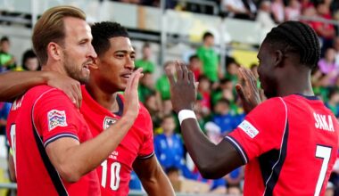Harry Kane and Jude Bellingham celebrate with Bukayo Saka during England's big win over Croatia in Rijeka
