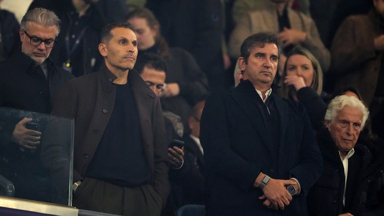 Manchester City Chairman Khaldoon Al Mubarak and CEO Ferran Soriano in the stands before kick off