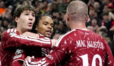 Rio Ngumoha and Alexis Mac Allister celebrate with Lewis Koumas as Liverpool beat Villarreal in the Champions League