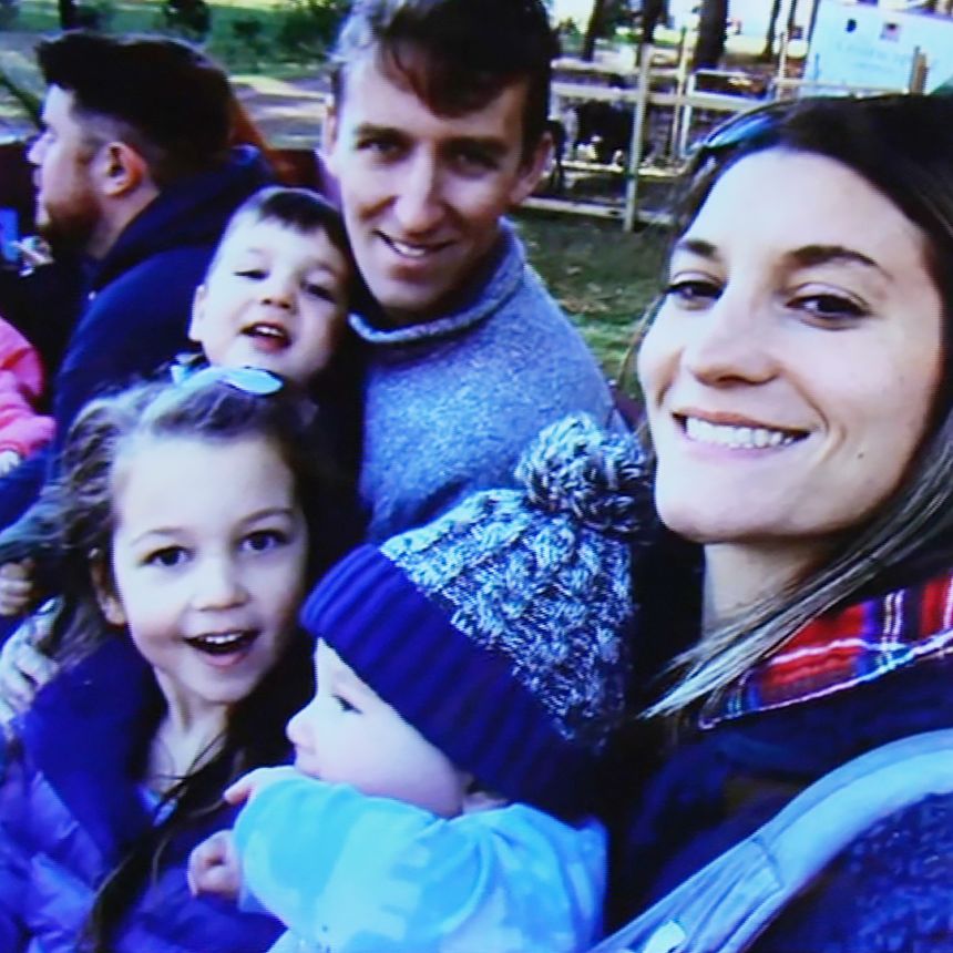 Lindsay and Patrick Clancy are seen with their children in a photo shown in court on July 27, 2026.