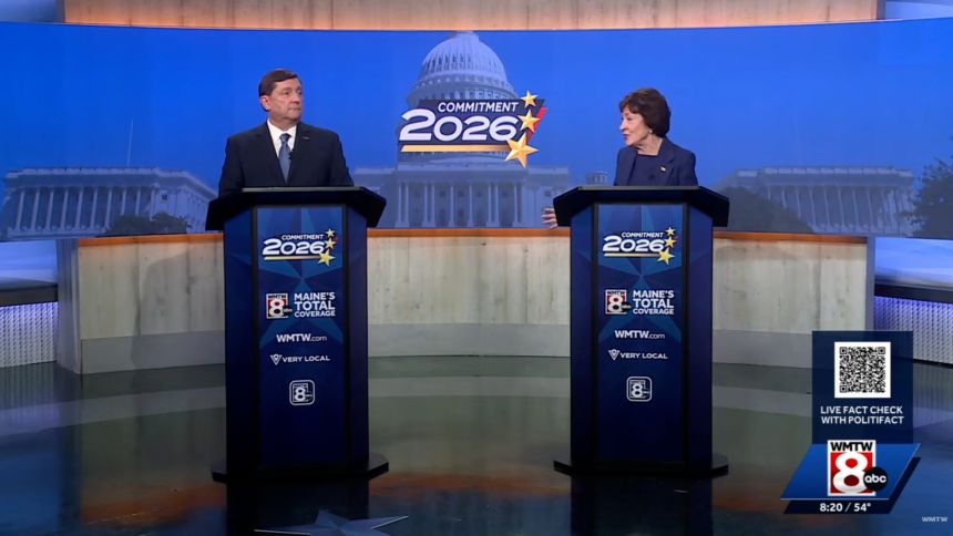 Maine Republican US Sen. Susan Collins and Democratic challenger Troy Jackson participate in a debate on Thursday.