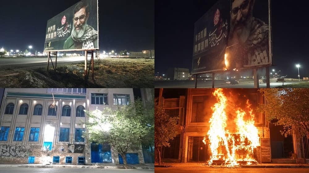 Tehran & Shahriar, Iran, October 2026. Khamenei billboards torched (upper panels); state-aligned base attacked