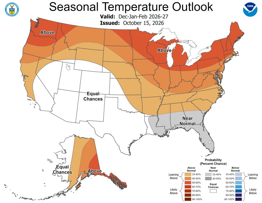 NOAA Winter temperature forecast for 2026-2027