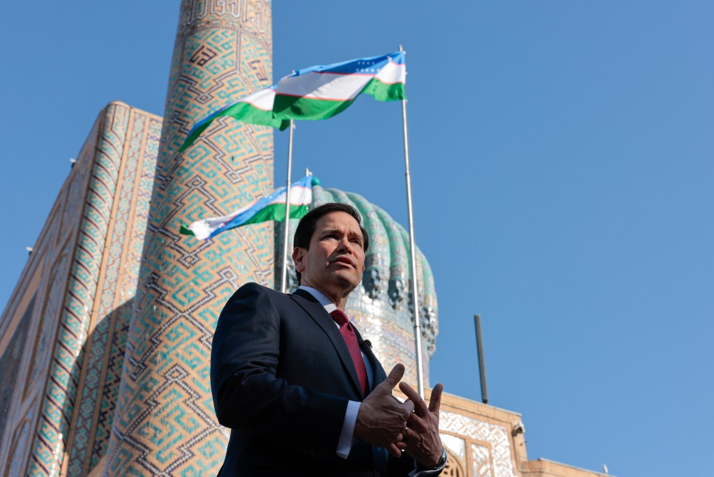 U.S. Secretary of State Marco Rubio speaks to the press at Registan Square in Samarkand, Uzbekistan.