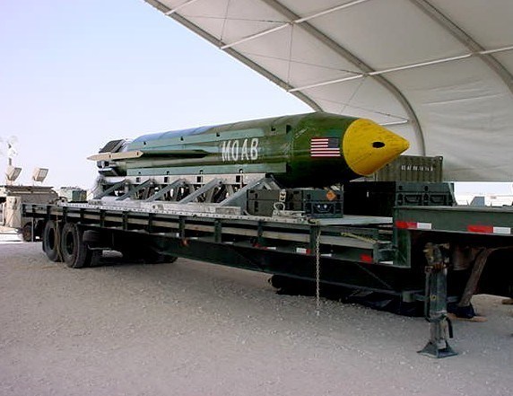 A GBU-43B, or massive ordnance air blast weapon, the US military's largest non-nuclear bomb, which contains 11 tons of explosives, is seen in an undated photo.