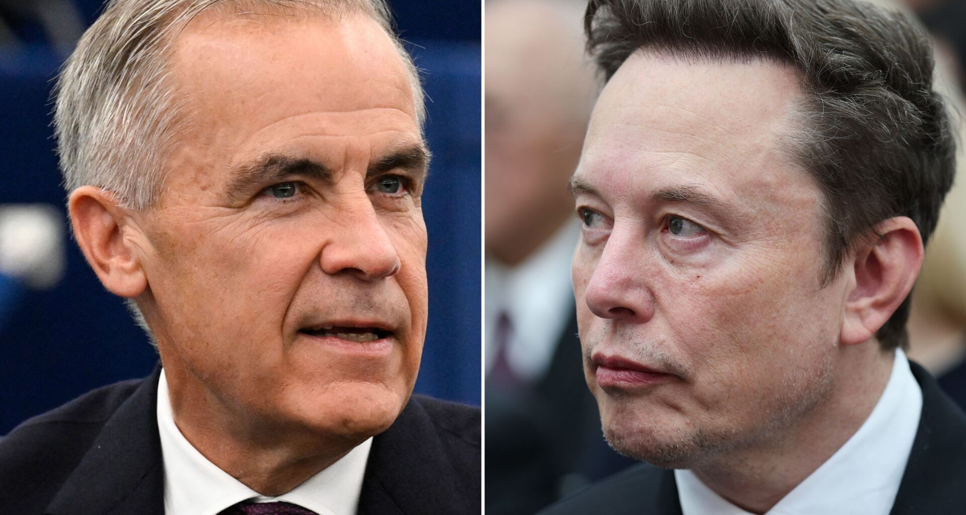 Two panel image, on the left Mark Carney on the right Elon Musk