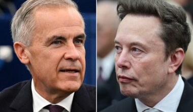 Two panel image, on the left Mark Carney on the right Elon Musk
