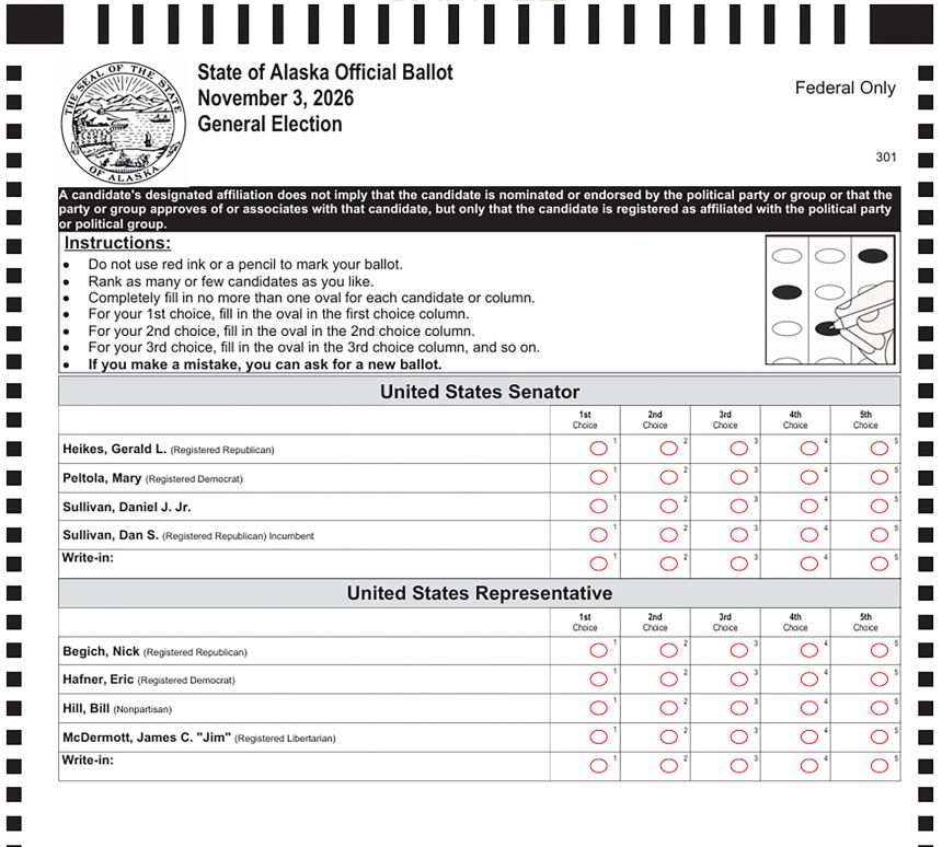A sample ballot from the State of Alaska November 3, 2026, election.