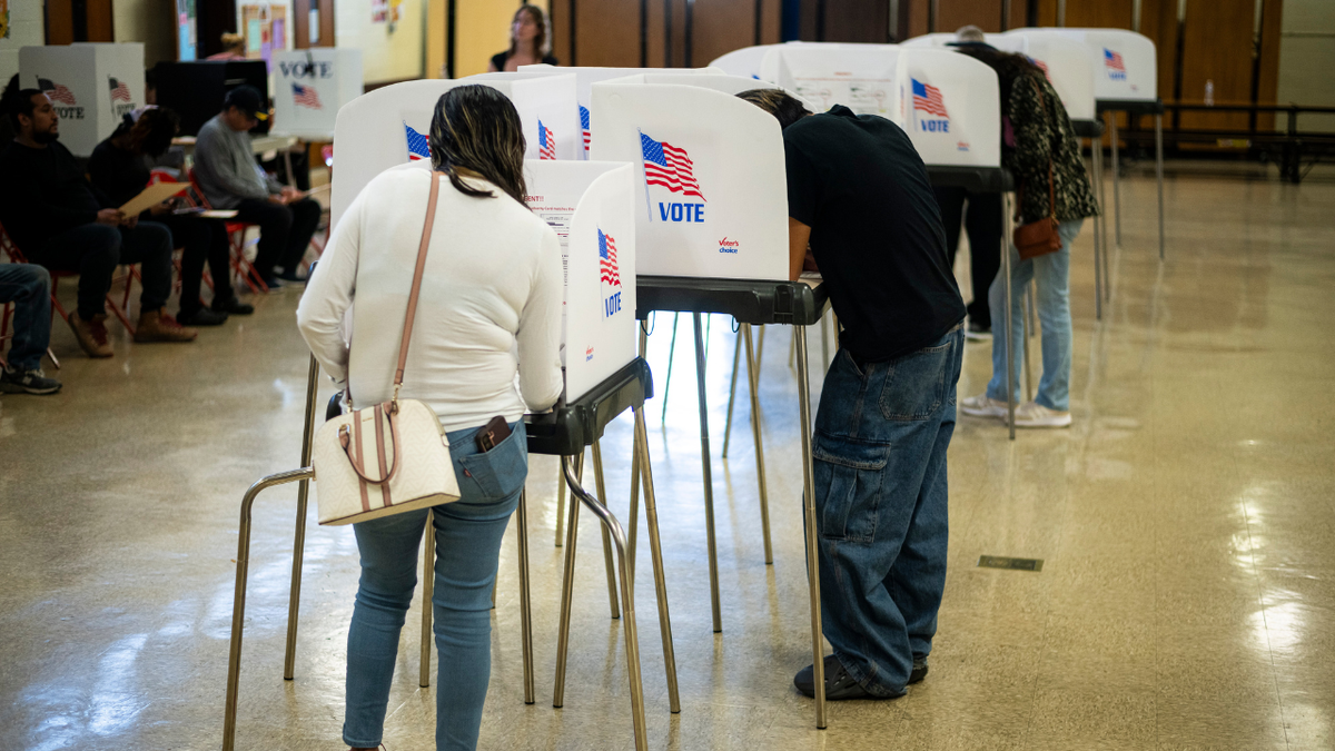 People are seen in voting booths in Maryland on Election Day