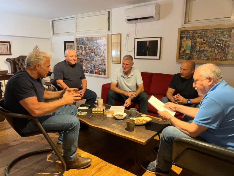 From left, Israeli opposition leaders Yair Lapid, Gadi Eisenkot, Yair Golan, Naftali Bennett and Avigdor Lieberman meet on September 26, 2026 [Courtesy of Yair Lapid via X]